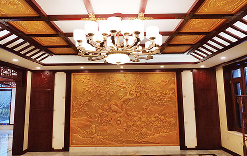 铜川中式别墅客厅中式木作横梁吊顶装饰展示